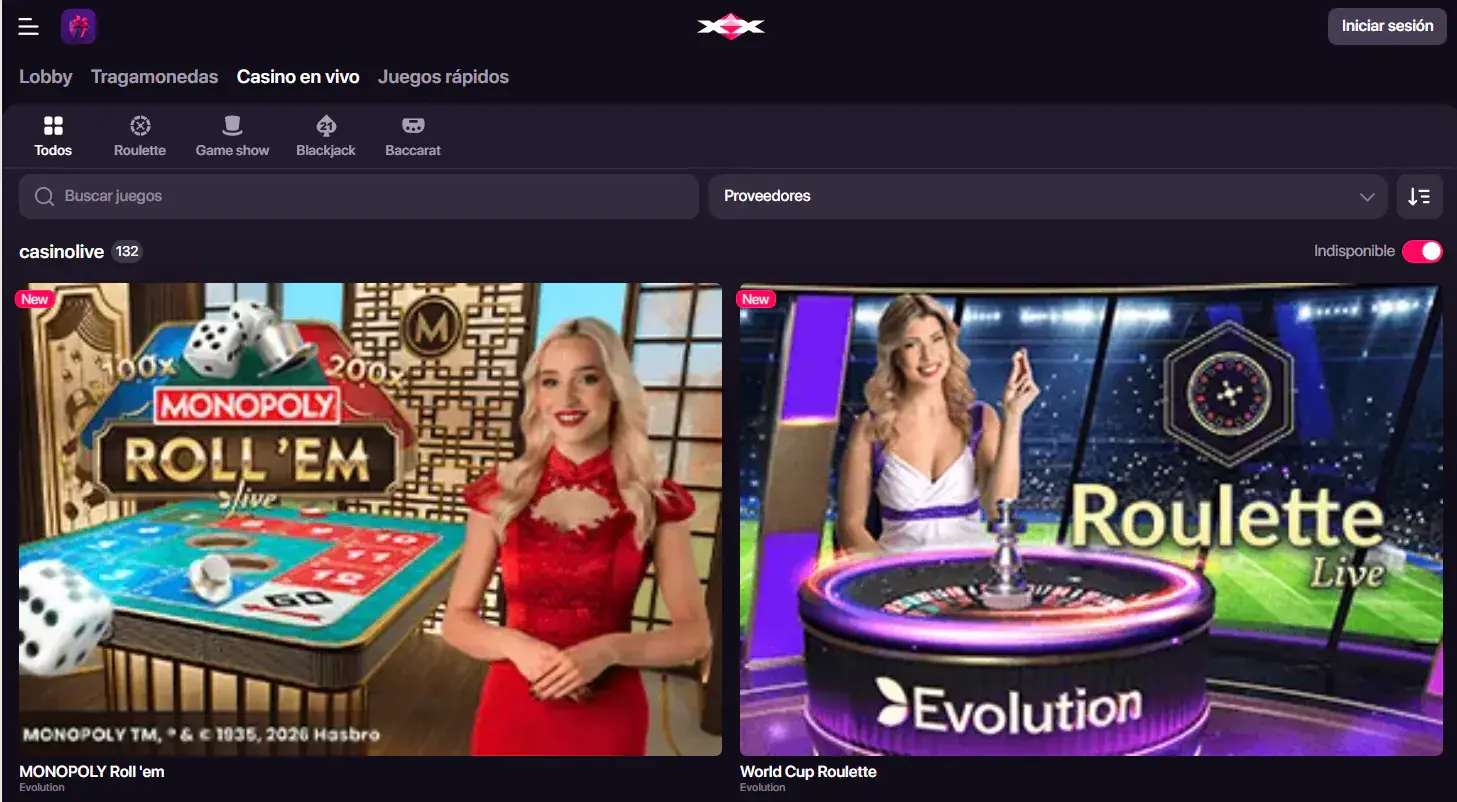 Sección de casino en vivo de CHEXX